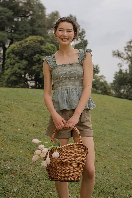 Tulips Embroidery Shirred Flutter Top (Willow)